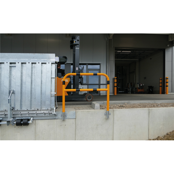 Protective bar made of steel tubing |  48 x 2.5 mm | with crossbar | for wall mounting | total width: 700 mm | hot-dip galvanized and yellow coatedwith black warning stripes